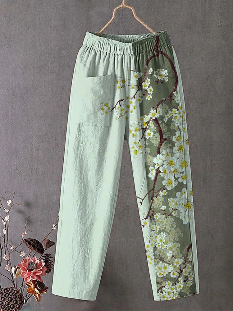 Women's Vintage Floral Art Printed Cotton And Linen Casual Pants