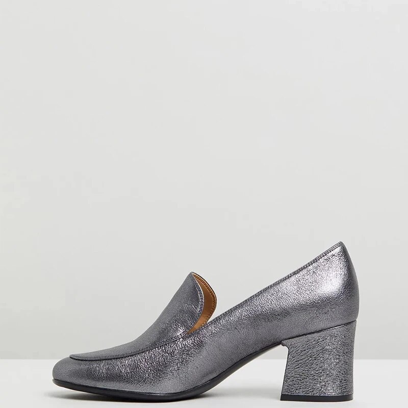 TAAFO Metallic Silver Hue Women's Pumps High Square Heels Round Toe Ladies Office Shoes