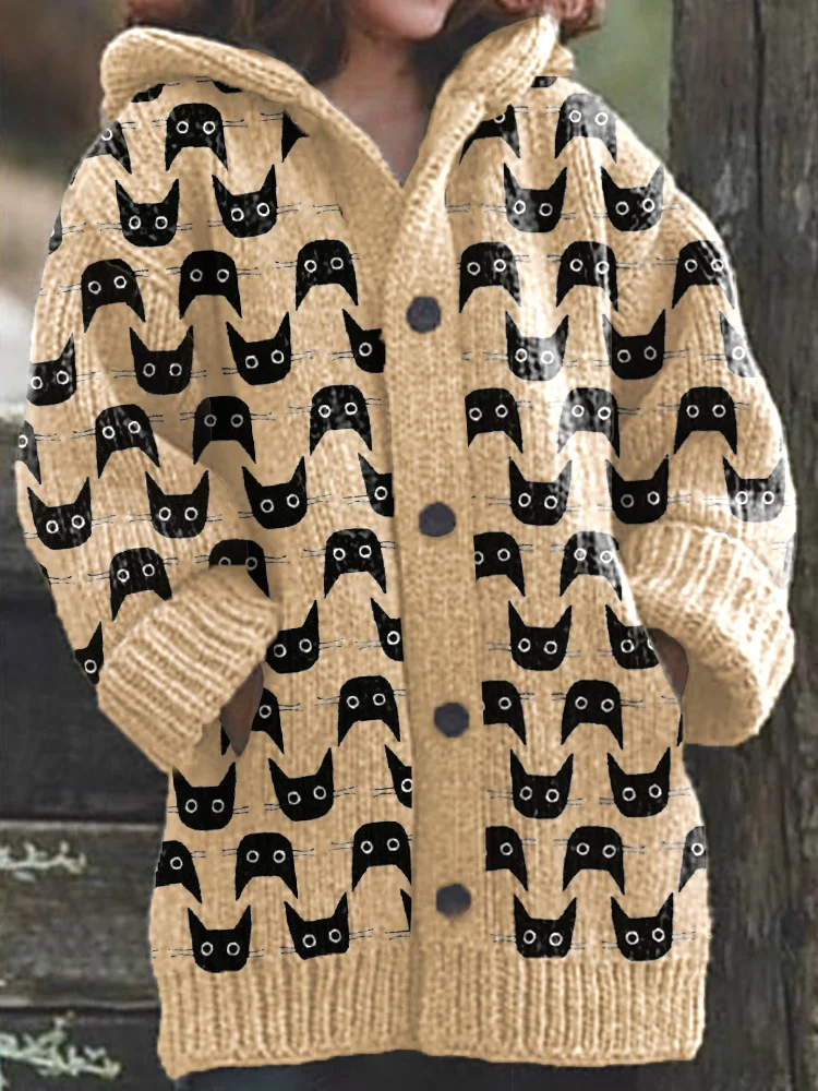 Cute Cats Pattern Cozy Knit Hooded Cardigan