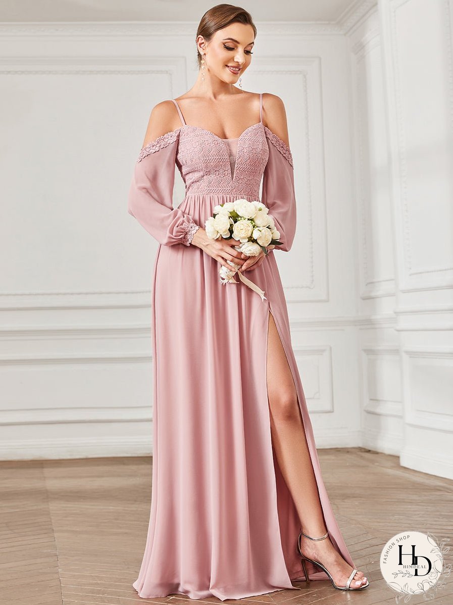 Deep V neck A Line Long Sleeves Wholesale Bridesmaid Dresses