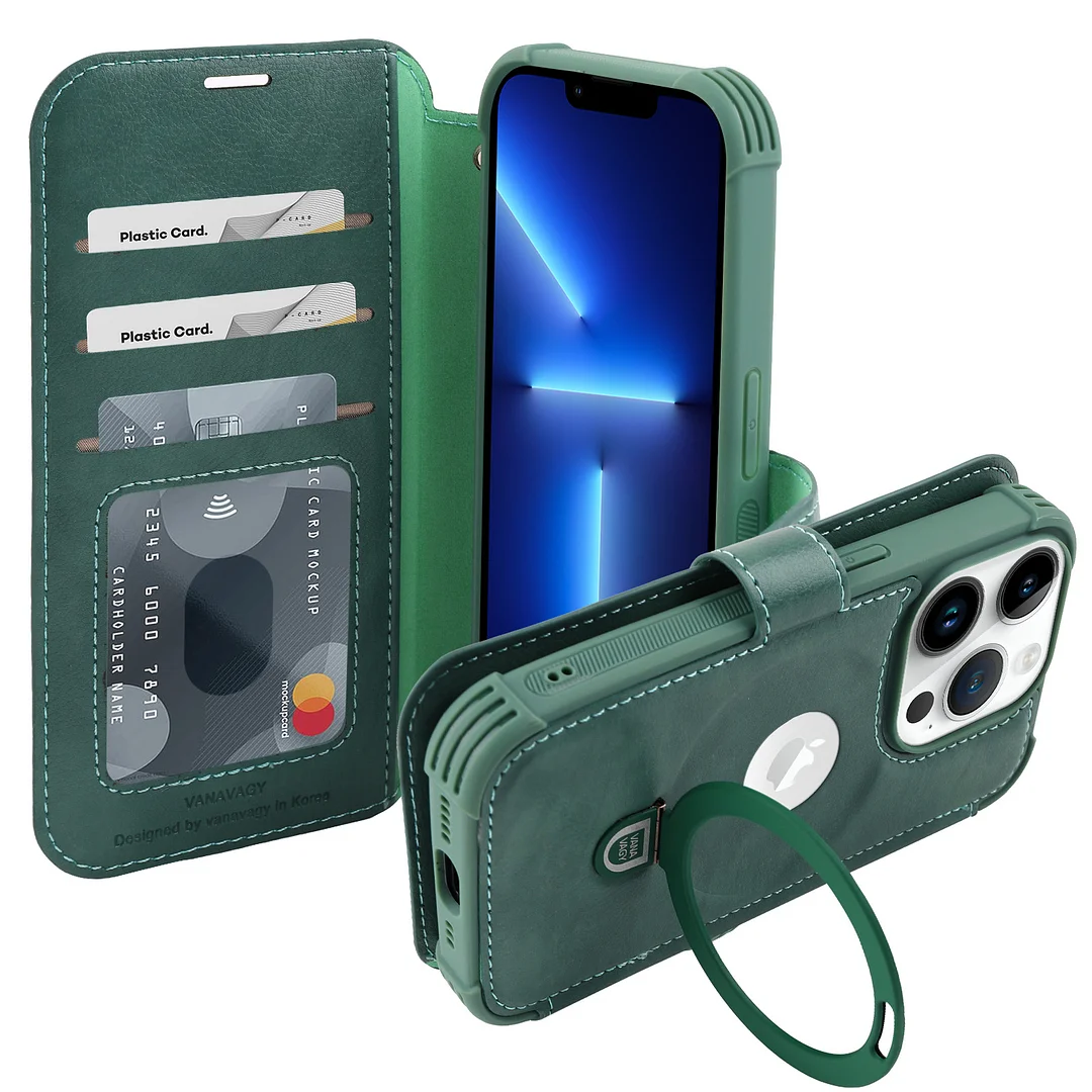 VANAVAGY Wallet Case for iPhone 13 Pro Max Case Magnetic Ring Holder Flip Shockproof Leather Phone Case