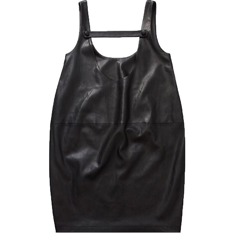 Casual Loose Solid Color U-Neck Splicing Bandage Faux Leather Straps Dress
