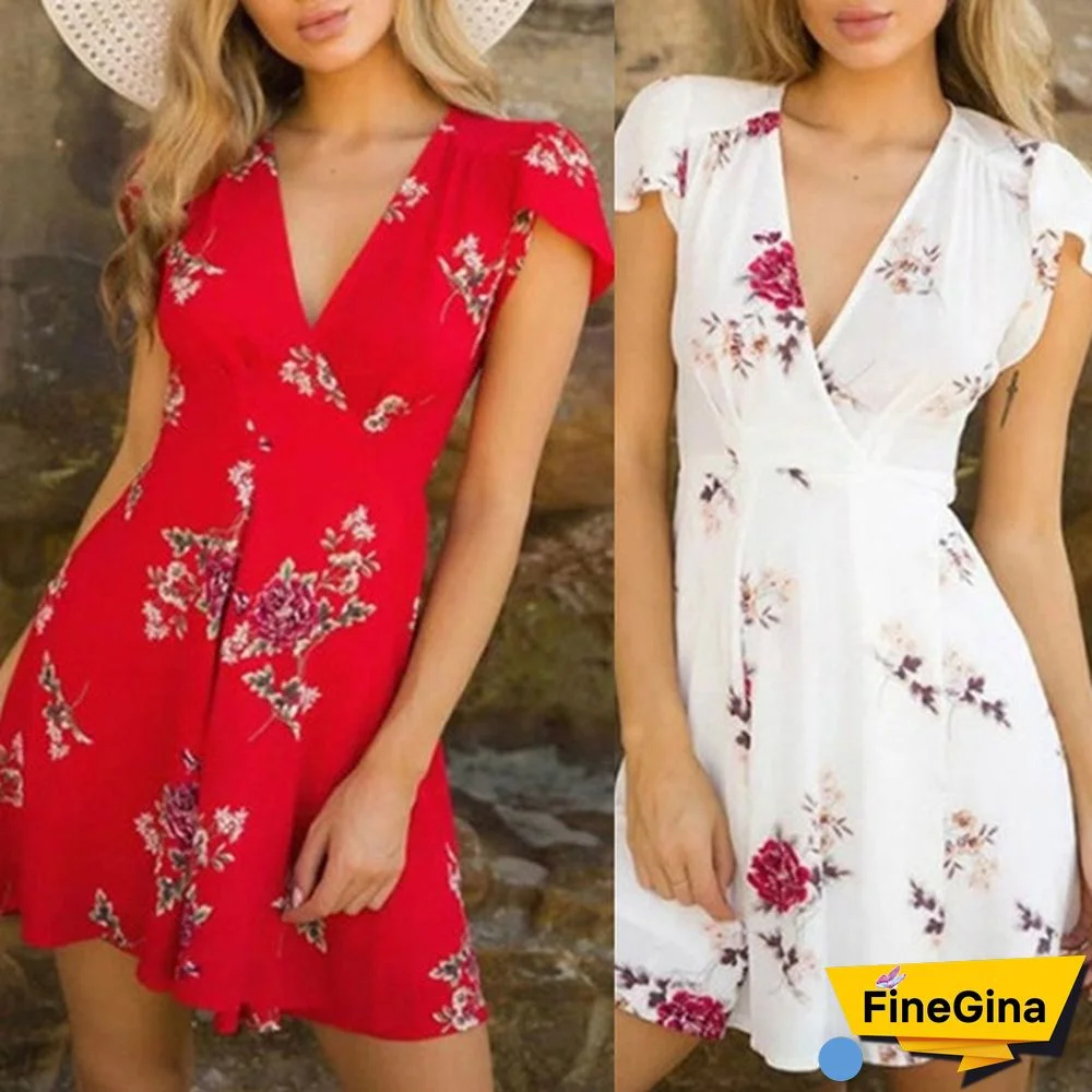 Women Fashion Casual Short Sleeves Floral Printed Beach Short Mini Dress