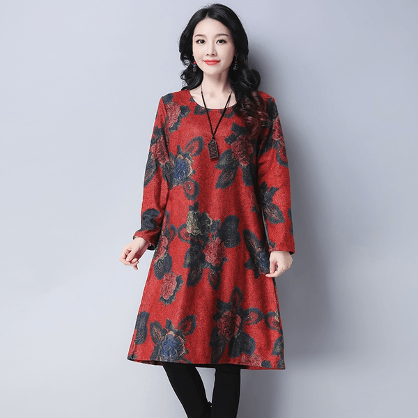 long sleeve woolen plus size vintage floral women casual loose midi autumn winter dress