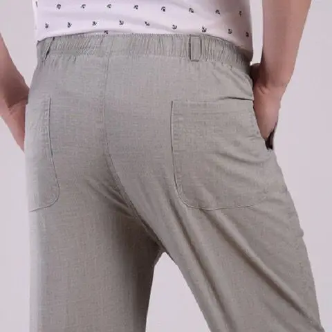 Fonhui Mens Cotton Linen Long Pants Summer Elastic Waist Trousers Solid Breathable High Waist Loose Leisure Resort Thin Straight Pants