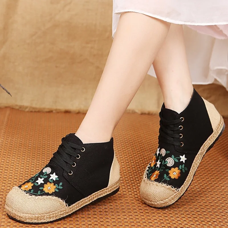 Yyvonne Women Shoes Handmade Vintage Embroidered Flats Booties Shoes High Top Lace Up Canvas Sneakers Linen Casual Leisure Espadrilles