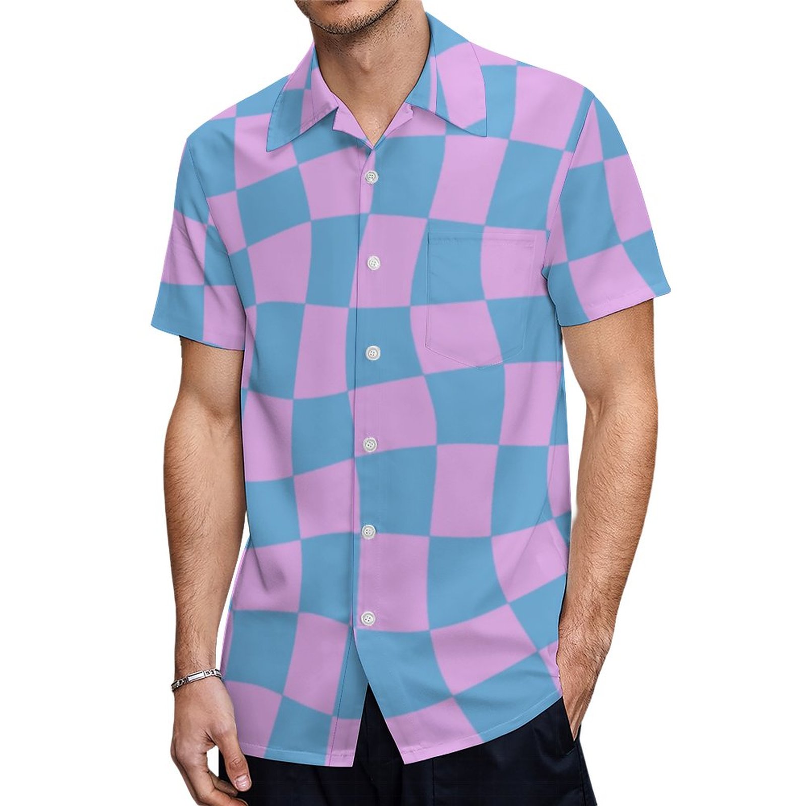 Retro Mod Abstract Checkerboard In Blue And Purple Hawaiian Shirt Mens Button Down Tropical Hawaii Beach Shirts