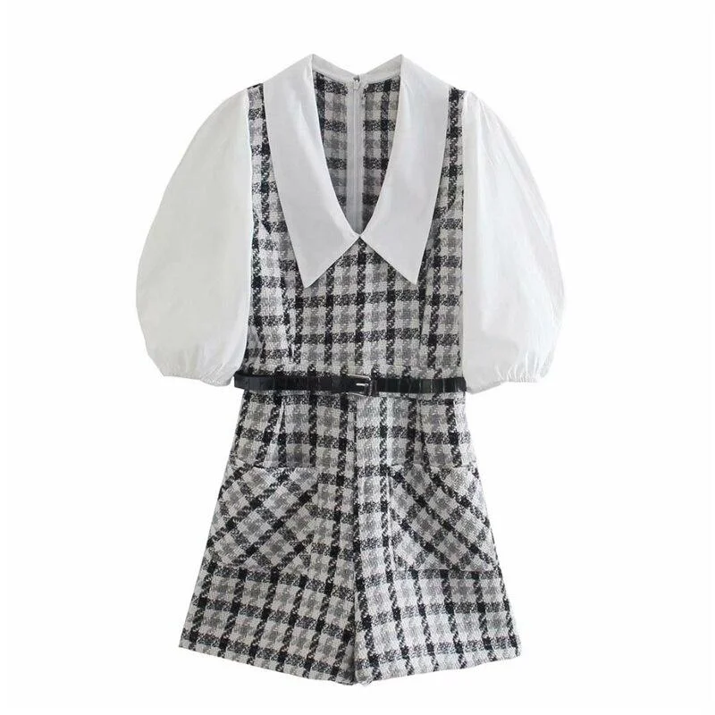 PUWD Casual Woman Plaid Tweed Belt Playsuits 2021 Summer Fashion Ladies Puff Sleeve Rompers Female Elegant Zipper Playsuits