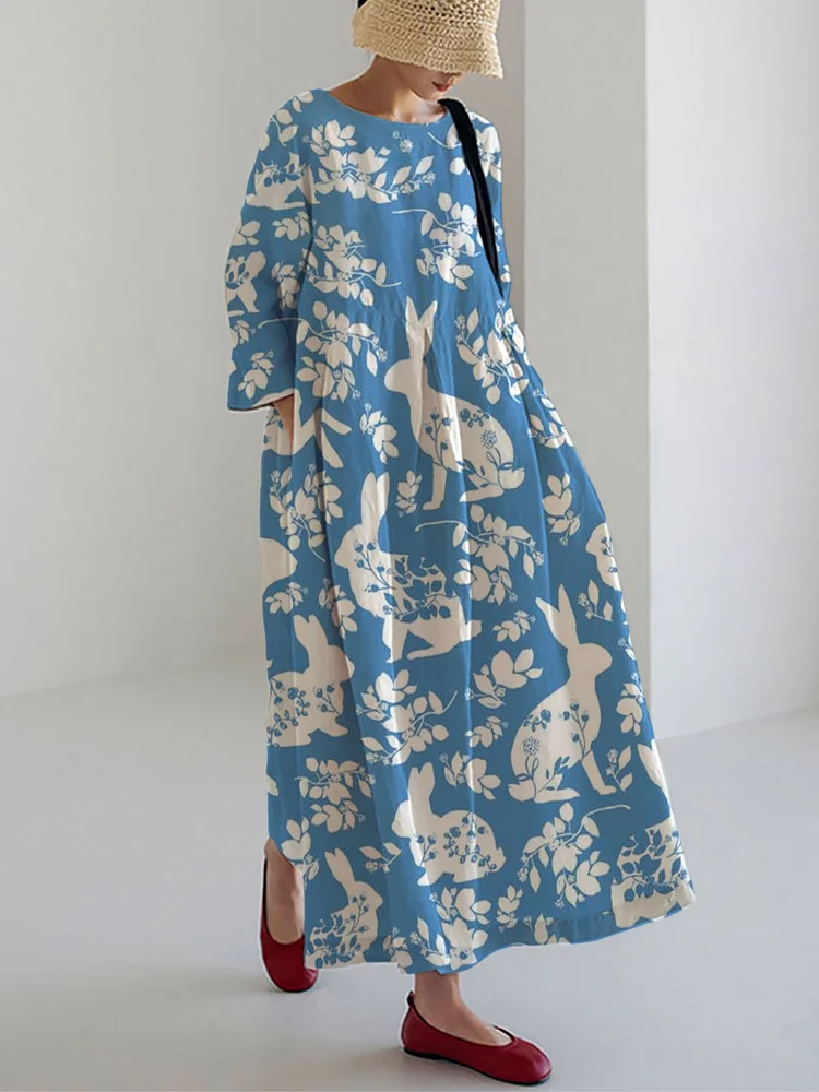Women's Floral Rabbit Art Print Plus Size Loose Print Dress Maxi Skirt socialshop
