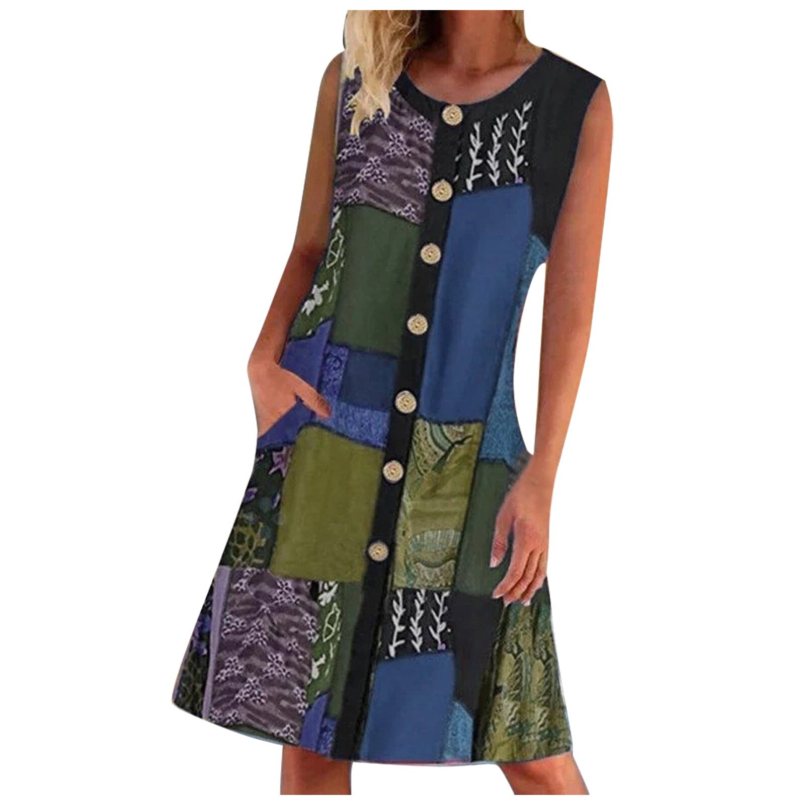 Stitching Printed Dress Women Sleeveless O-neck Button Tank Dress Vintage Casual Dresses For Women 2021 Vestido De Mujer