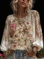 Bohème Floral Printed Cotton And Linen Round Neck Long Sleeve Top