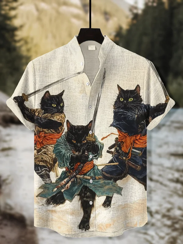 Men's Three Cat Warriors Fighting Print Casual Shirt