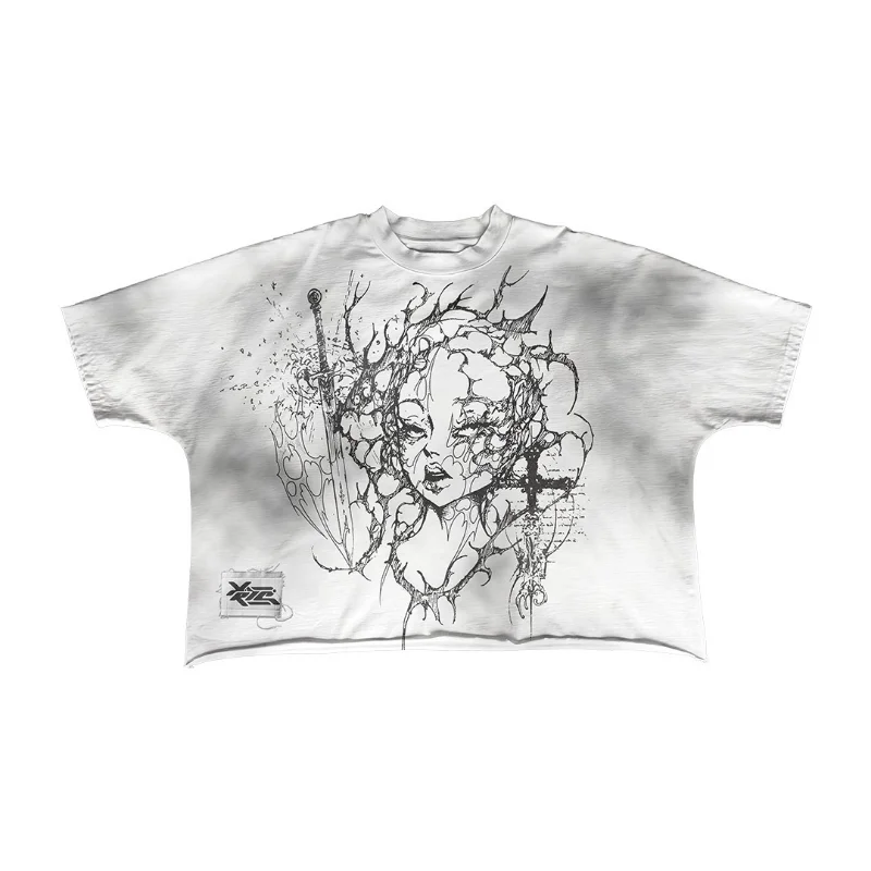 Aonga Y2K cotton hip-hop simple classic print design O-neck white T-shirts women vintage summer fashion trend couple sports baggy tops aonga