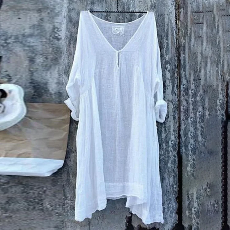 VChics Retro Casual Cotton Linen Shirt Dress