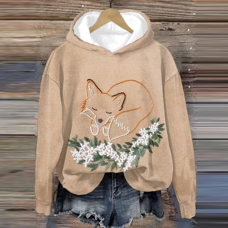 Casual Women's Fox Floral Print Long Sleeve Hoodie artswardrobe