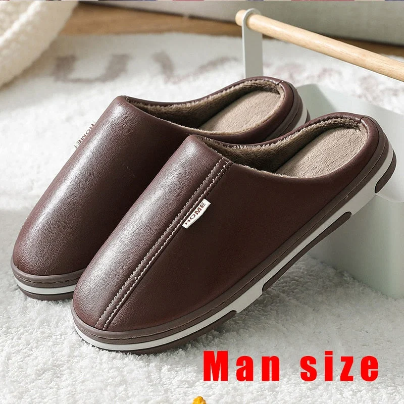 Men's Slippers Waterproof Men Slippers Leather Velvet Short Plush Indoor Fur Slippers Large Size Couple Shoes for Home