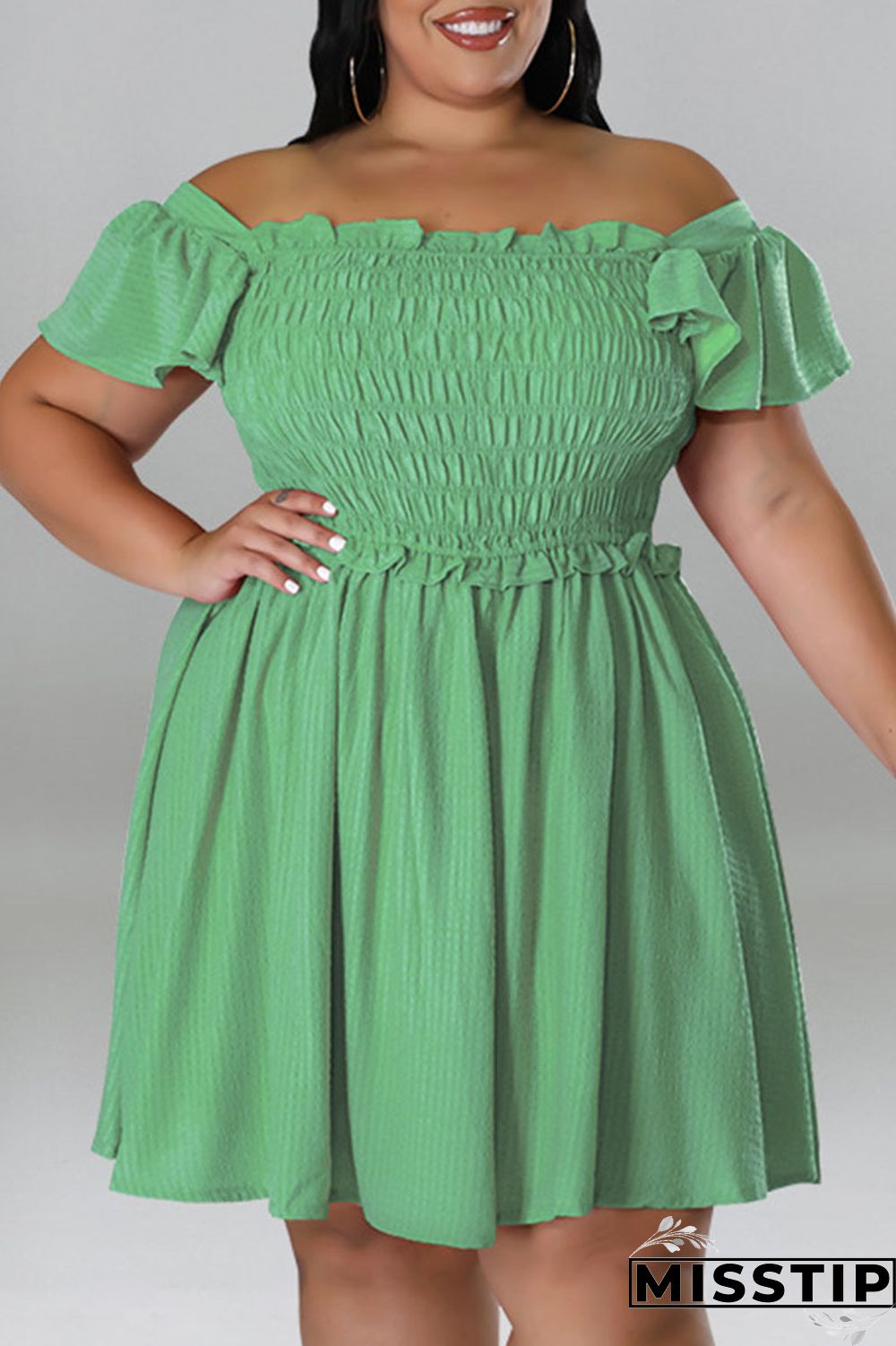 Rose Red Casual Sweet Solid Patchwork Fold Off the Shoulder A Line Plus Size Dresses