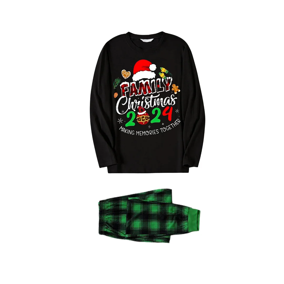 "Making Memories Together Christmas 2024" Print Black and Green Plaid Pants Family Matching Pajamas