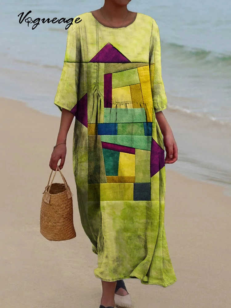 Creative Color Block Stitching Printed Women's Casual Cotton And Linen Dress