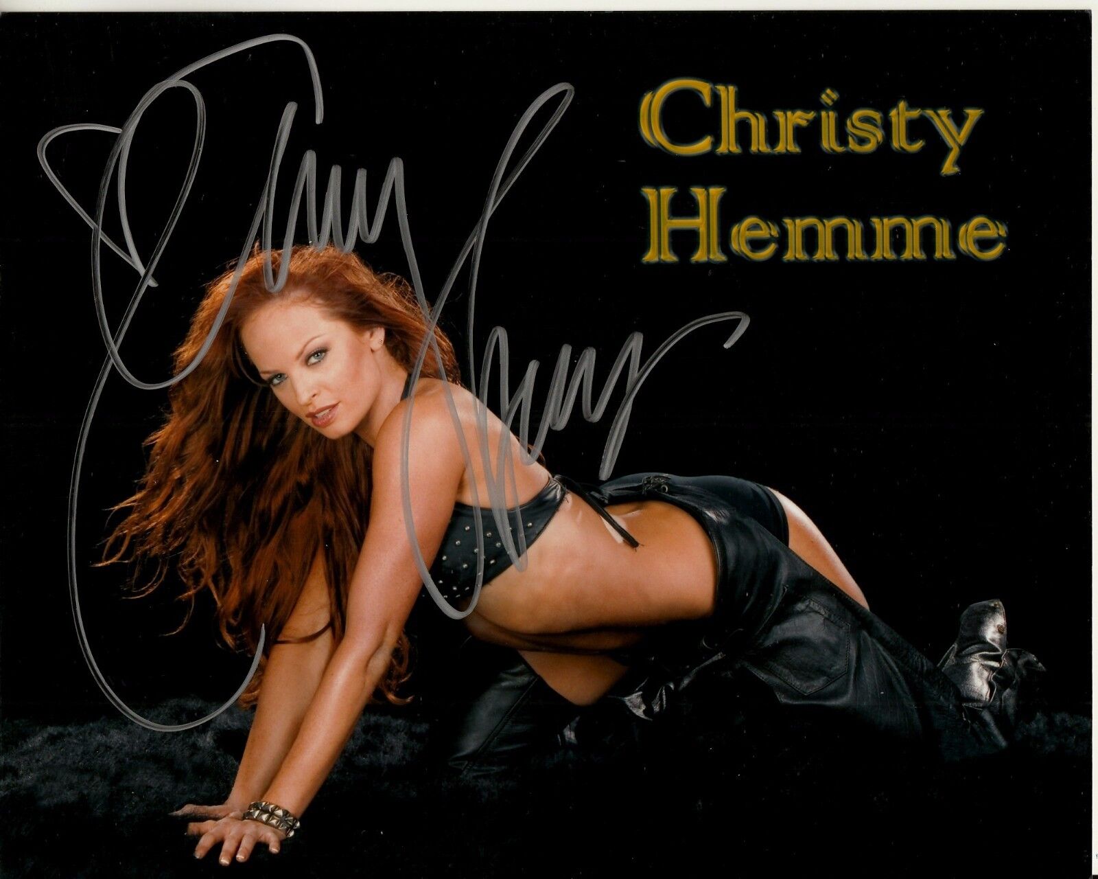 CHRISTY HEMME hand-signed HOT REDHEAD BLACK LEATHER 8x10 uacc rd coa ON ALL 4's