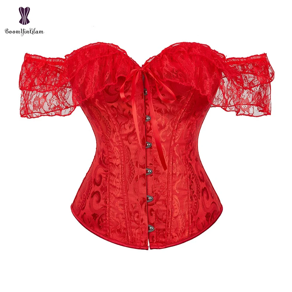 Uaang Women's Princess Renaissance Corset Black White Red Green Beige Floral Lace Short Sleeves Elegant Halloween Bustier Top