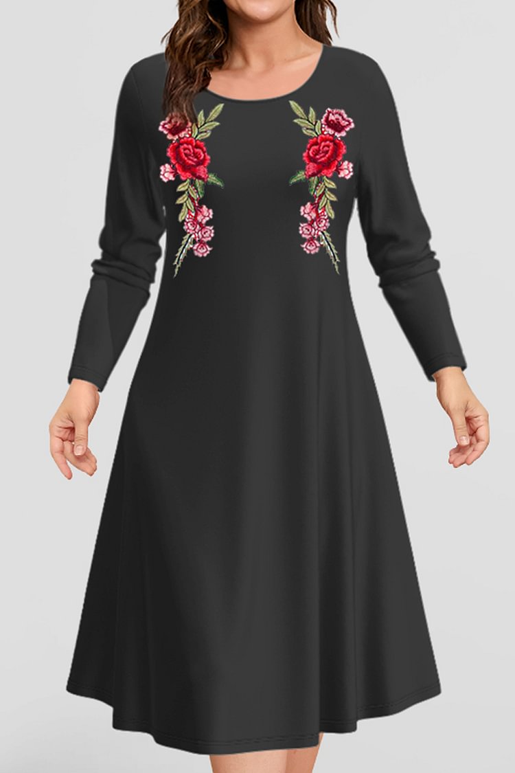 Flycurvy Plus Size Casual Black Rose Print Midi Dress  flycurvy [product_label]