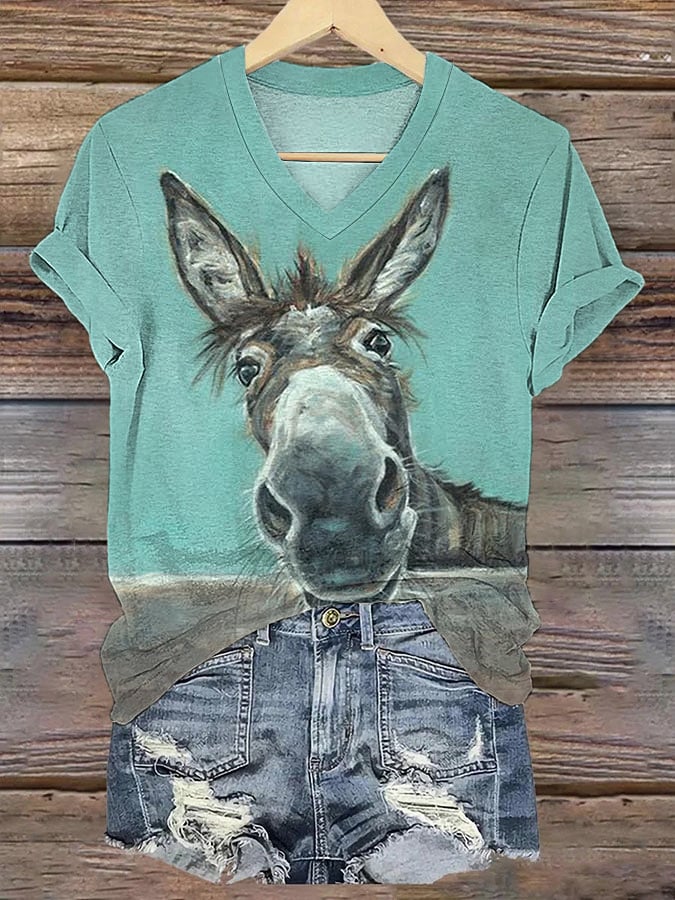 Women's Funny Donkey Print Casual V-Neck Tee