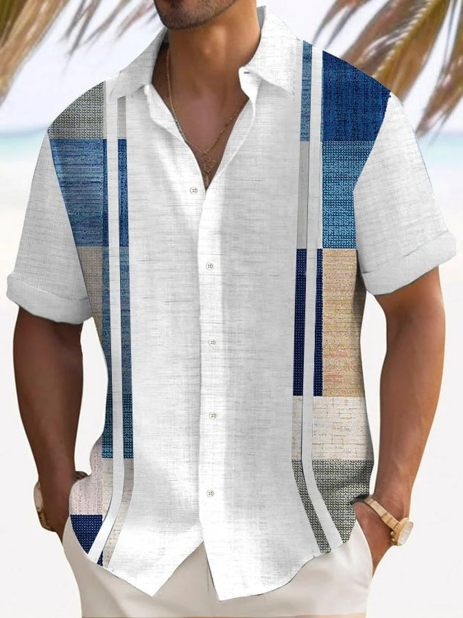 Men'S Casual Patchwork Plaid Pattern Short-Sleeved Shirt