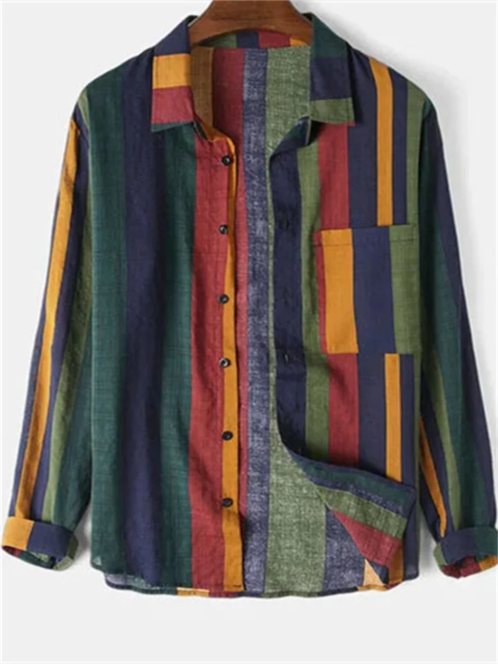 Fall Explosion Fashion Urban Stripes Printed Men's Casual Loose Type Lapel Long-sleeved Cardigan Shirt-Cosfine