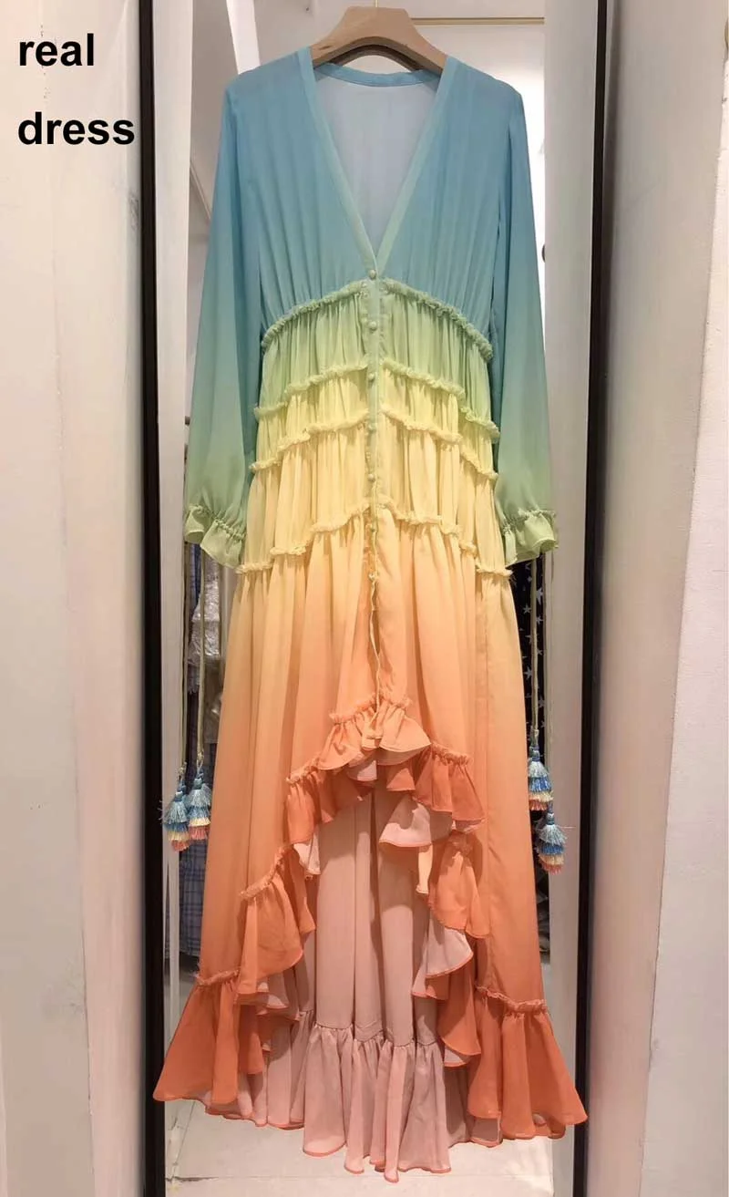 BOHO INSPIRED rainbow HIGH LOW DRESS V-neck Tiered ruffle trim Summer dress holiday long beach dress 2020 chic boho dress women