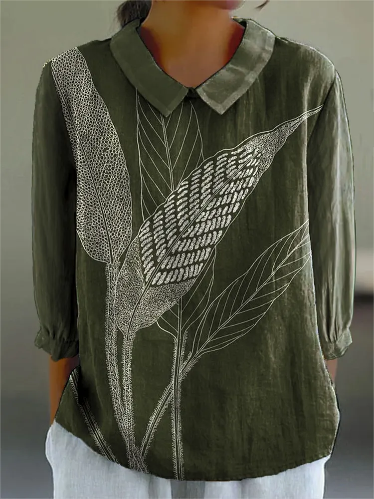Women's Vintage Botanical Art Print Casual Cotton And Linen 3/4 Sleeve Shirt