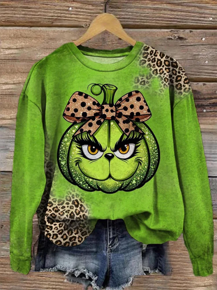 Women's Leopard Pumpkin Print Round Neck Sweatshirt