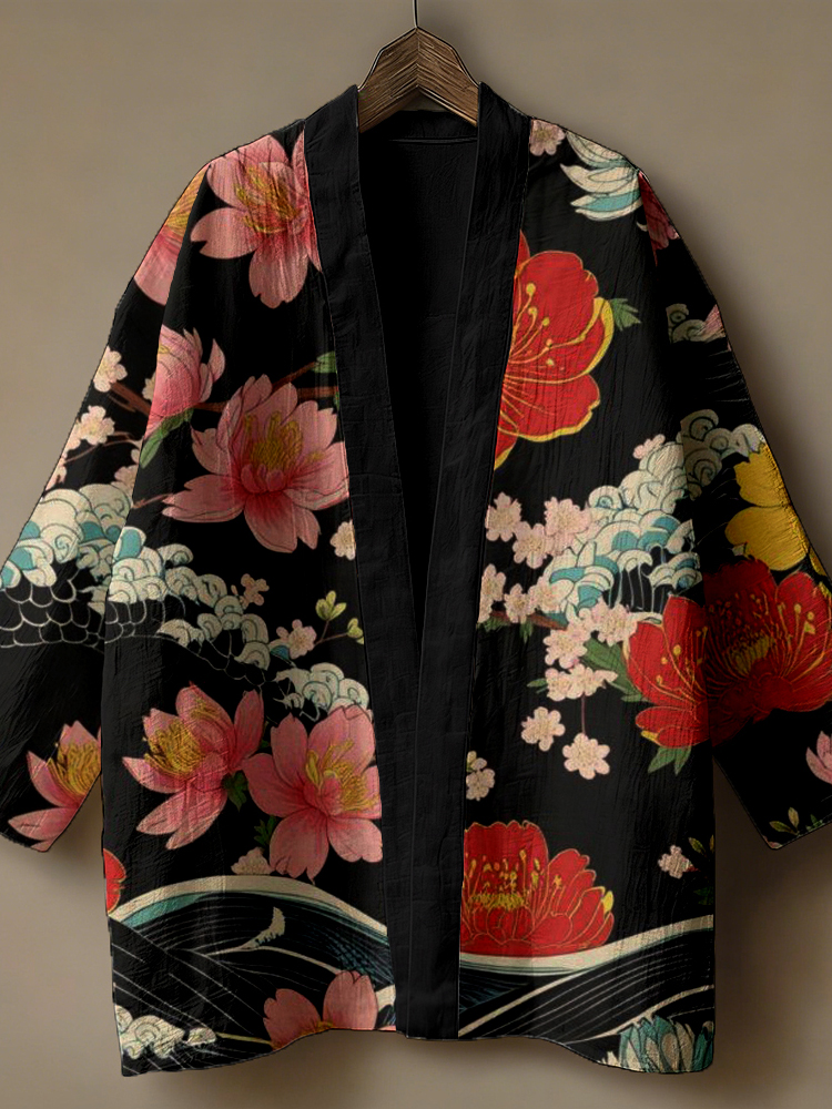 Retro Sakura Flowers Japanese Art Linen Kimono  artssus