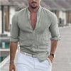 Men's Linen Shirt Henley Casual Outdoor Shirt Long Sleeve Plain Collar Casual Hawaiian Clothing by Inlyline