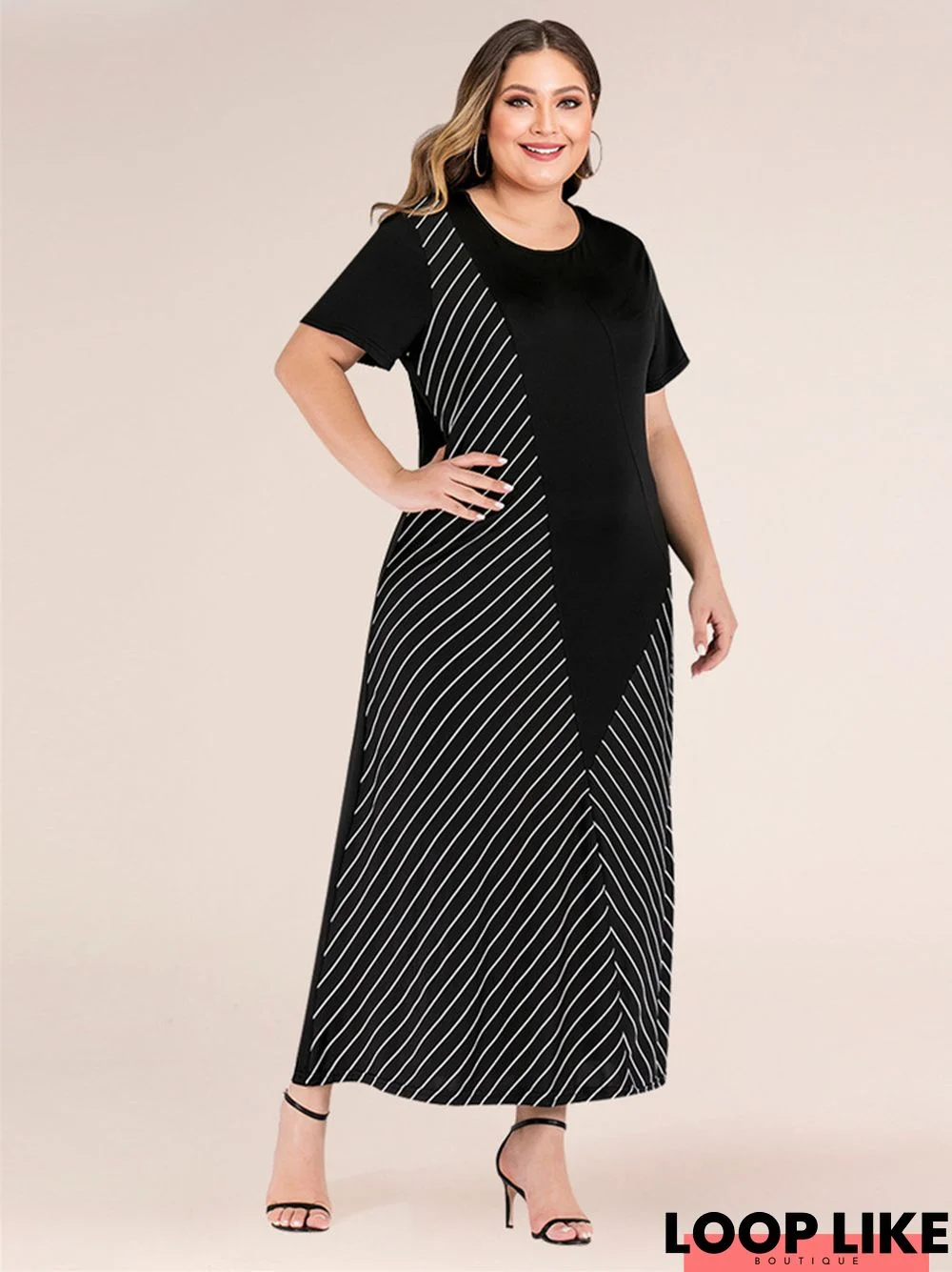 Spring and Summer Large Women's Fashion Stitching Stripe Loose Belly Covering Long Dress