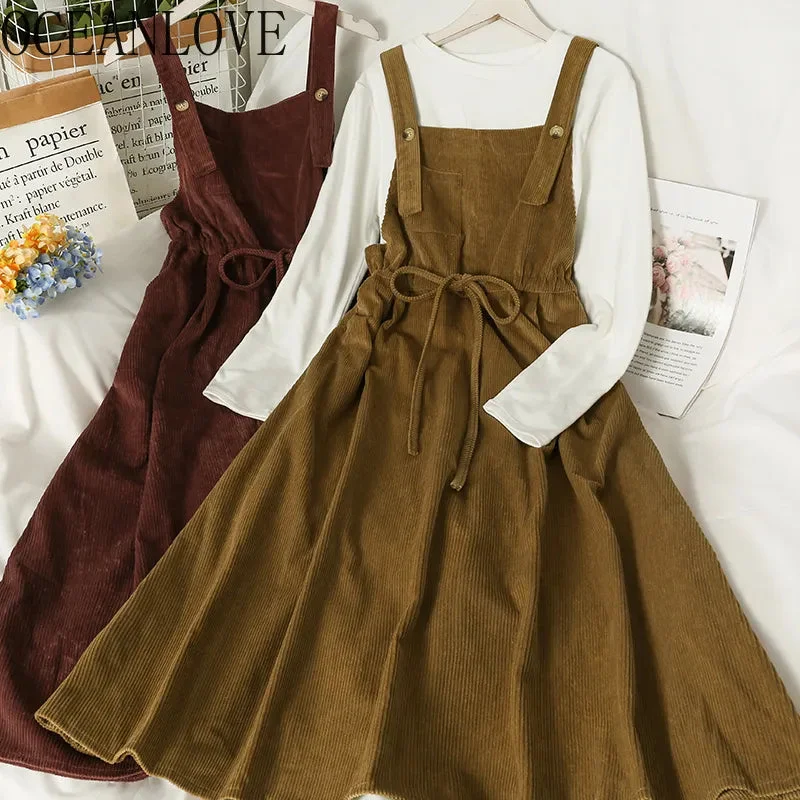 Oocharger 2023 Vestidos De Mujer Korean Vinatge Dresses for Women Fashion Corduroy Solid Color Robe Chic Drawstring Sling Dress