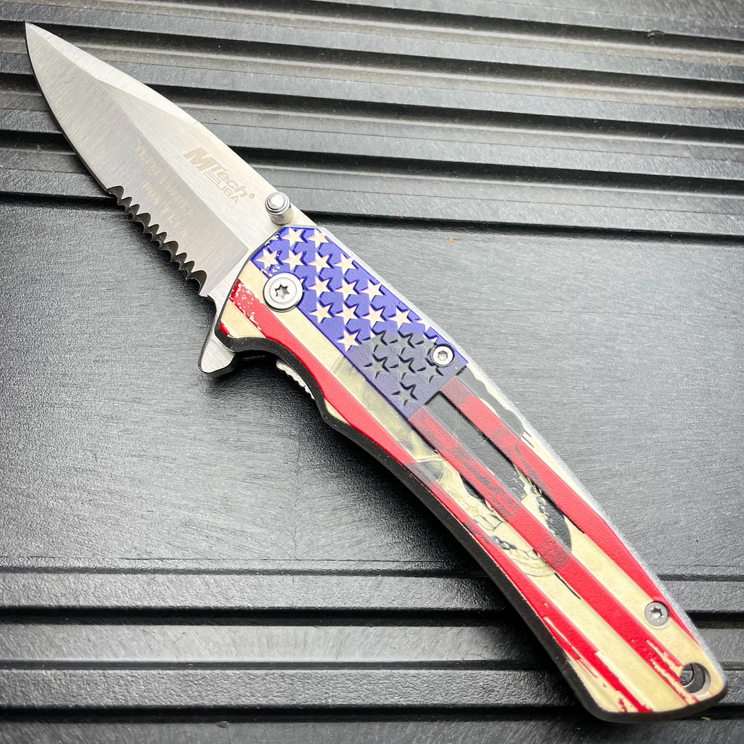 8" MTECH USA Skull American Flag Spring Assisted PATRIOT Folding Pocket Knife