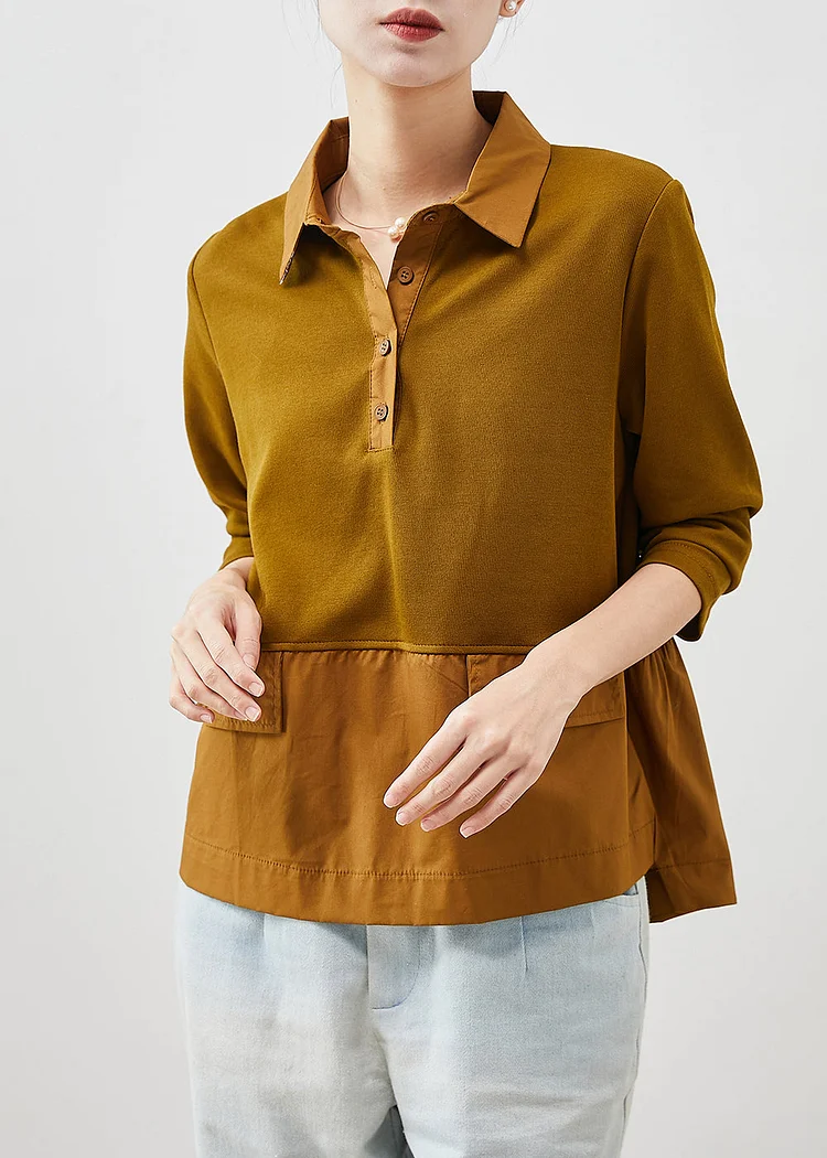 Women Brown Ruffled Patchwork Cotton Shirts Spring