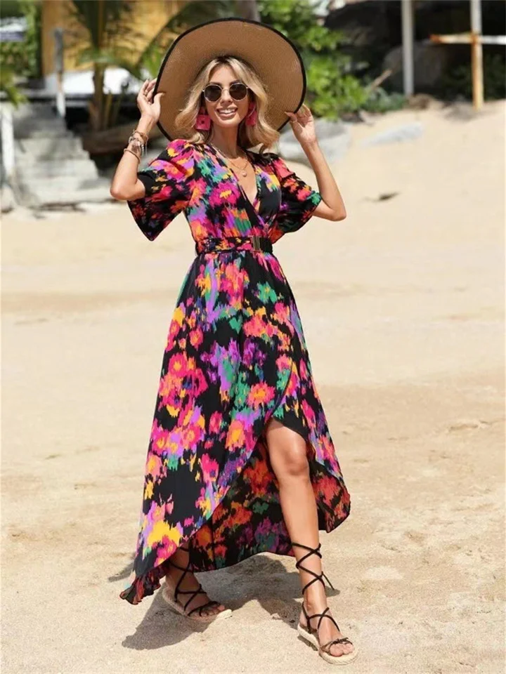 Women's Summer Bohemian Resort Style V-neck Straps Waist Beach Short-sleeved Dress Irregular Flared Sleeve Dresses Long-Cosfine