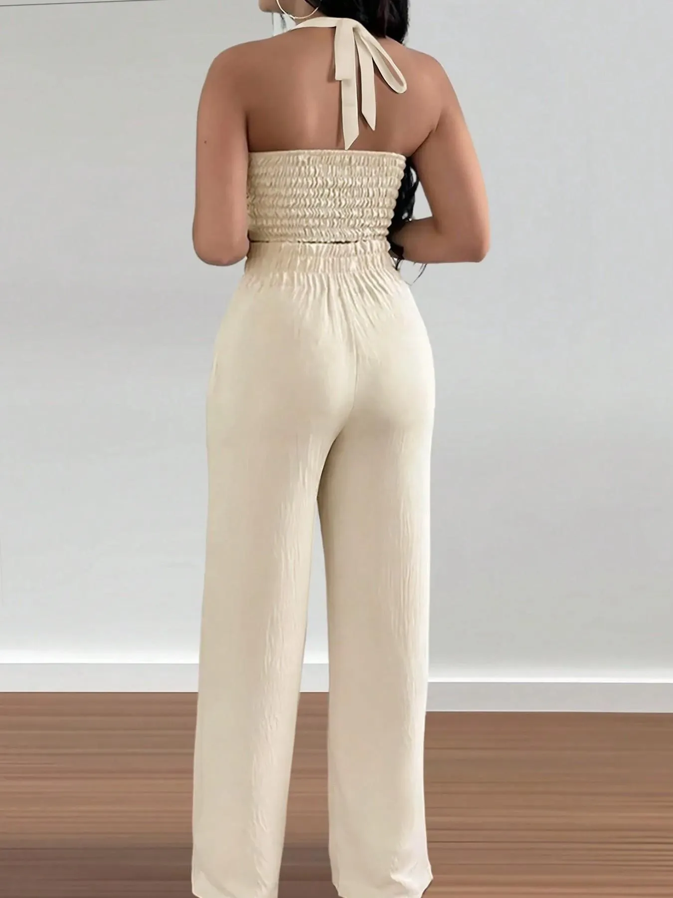Women's Halter Crop Top & Wide-Leg Pants Set, Womenswear, Comfortable Woven Material & Halter Neck Design & Smocked Back & Tie-Waist Silhouette,2pcs Women's Halter Crop Top & Wide-Leg Pants Set, Womenswear, Comfortable Woven Material & Halter Neck Design & Smocked Back & Tie-Waist Silhouette,2pcs