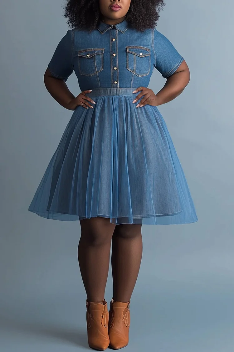 Xpluswear Design Plus Size Daily Blue Shirt Collar Short Sleeve Contrast Tulle Tencel Denim Mini Dresses