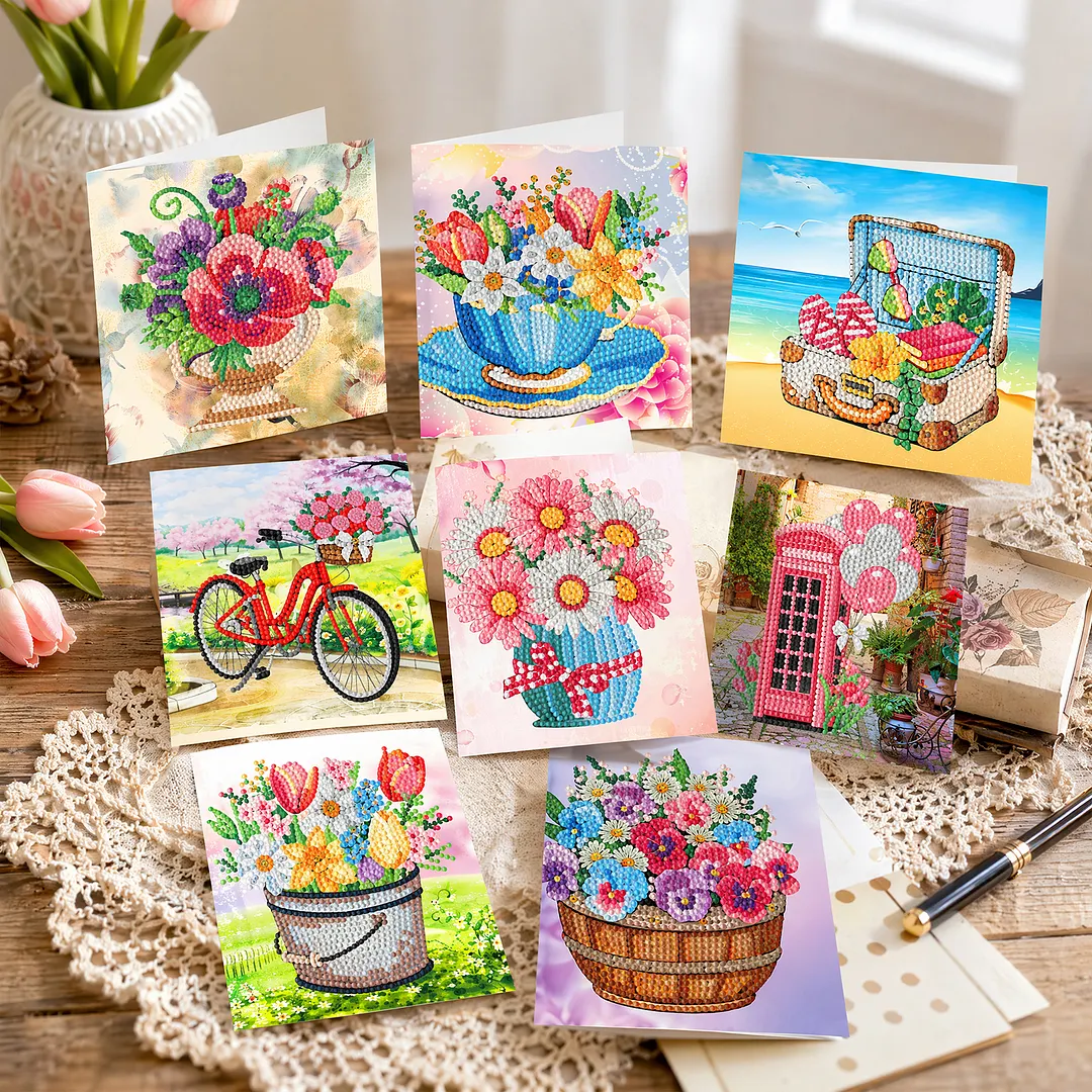 8PCS Garden DIY Diamond Painting Greeting Card Kits with Envelopes Diamond Art Greeting Cards Diamond Art Cards Kits for Adults DIY Crafts Family Friend Gifts