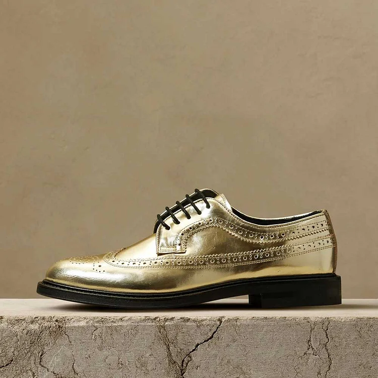 FSJ Gold Metallic Round Toe Brogue Details Flat Oxford Shoes |FSJ Shoes