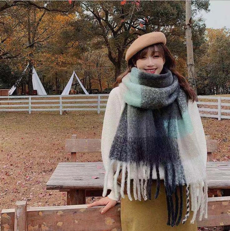 Rainbow Plaid Tassel Scarf For Women Autumn And Winter Famous Color Matching Cashmere Mohair Shawl Thickened Scarf