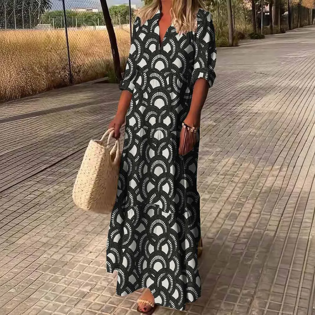 Women Floral, Black, White DZDN0141 SPU Printed Long Sleeve V-neck Maxi Dress