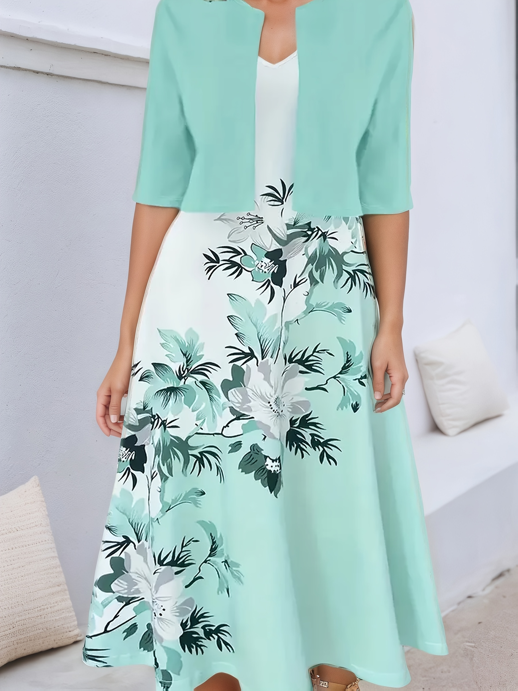 Elegant Two-Piece Dress Set In Plus Size, Cut Half Sleeved Top And Printed Vest Set, Plus Size Women's Clothing, Plus Size Women's Fashionable Skirt Set