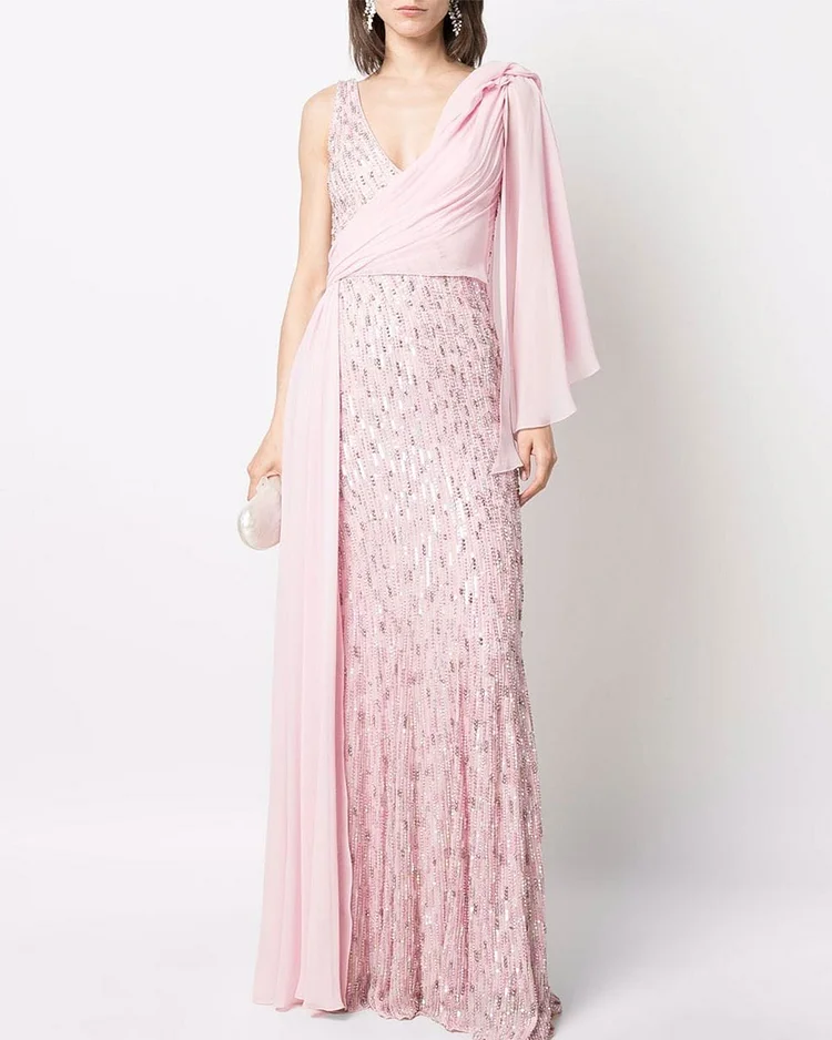 Sequin-Embellished Draped Gown