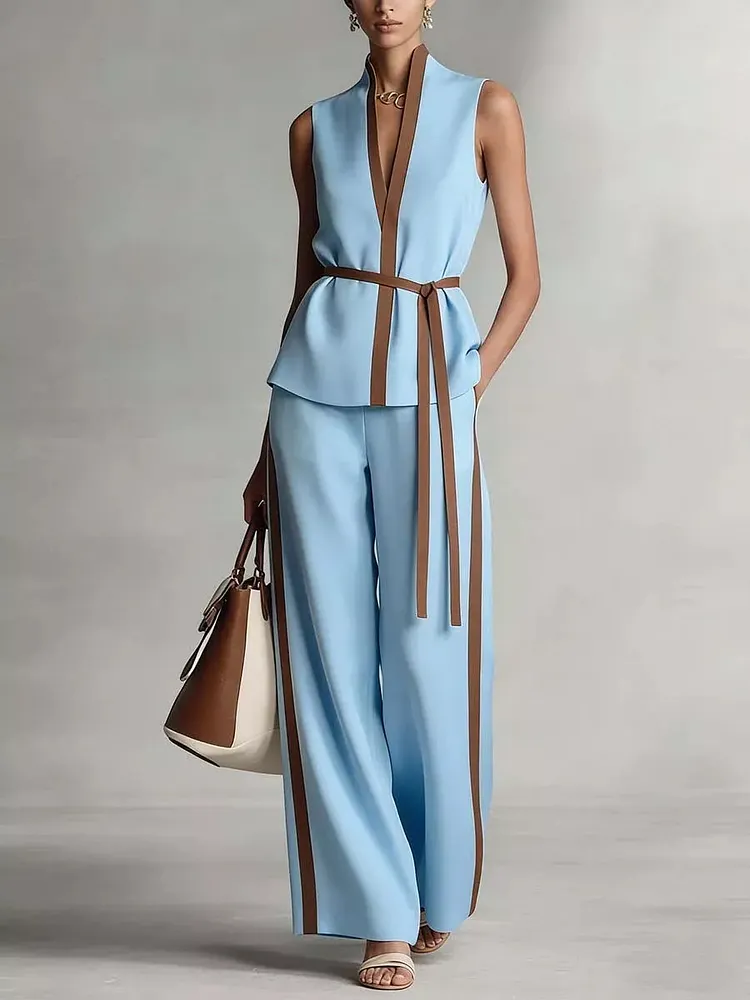 Sky blue coffee color sleeveless high-end feel contrasting color commuting wide leg pants two-piece set