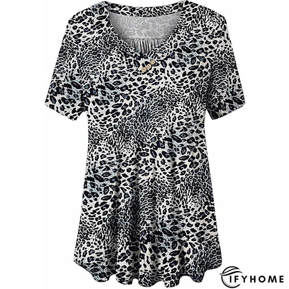 Women's Shirt Blouse Denim Blue Black White Leopard Floral Print Short Sleeve Casual Holiday Basic V Neck Regular Floral Plus Size M | IFYHOME
