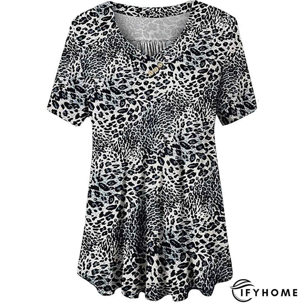Women's Shirt Blouse Denim Blue Black White Leopard Floral Print Short Sleeve Casual Holiday Basic V Neck Regular Floral Plus Size M | IFYHOME